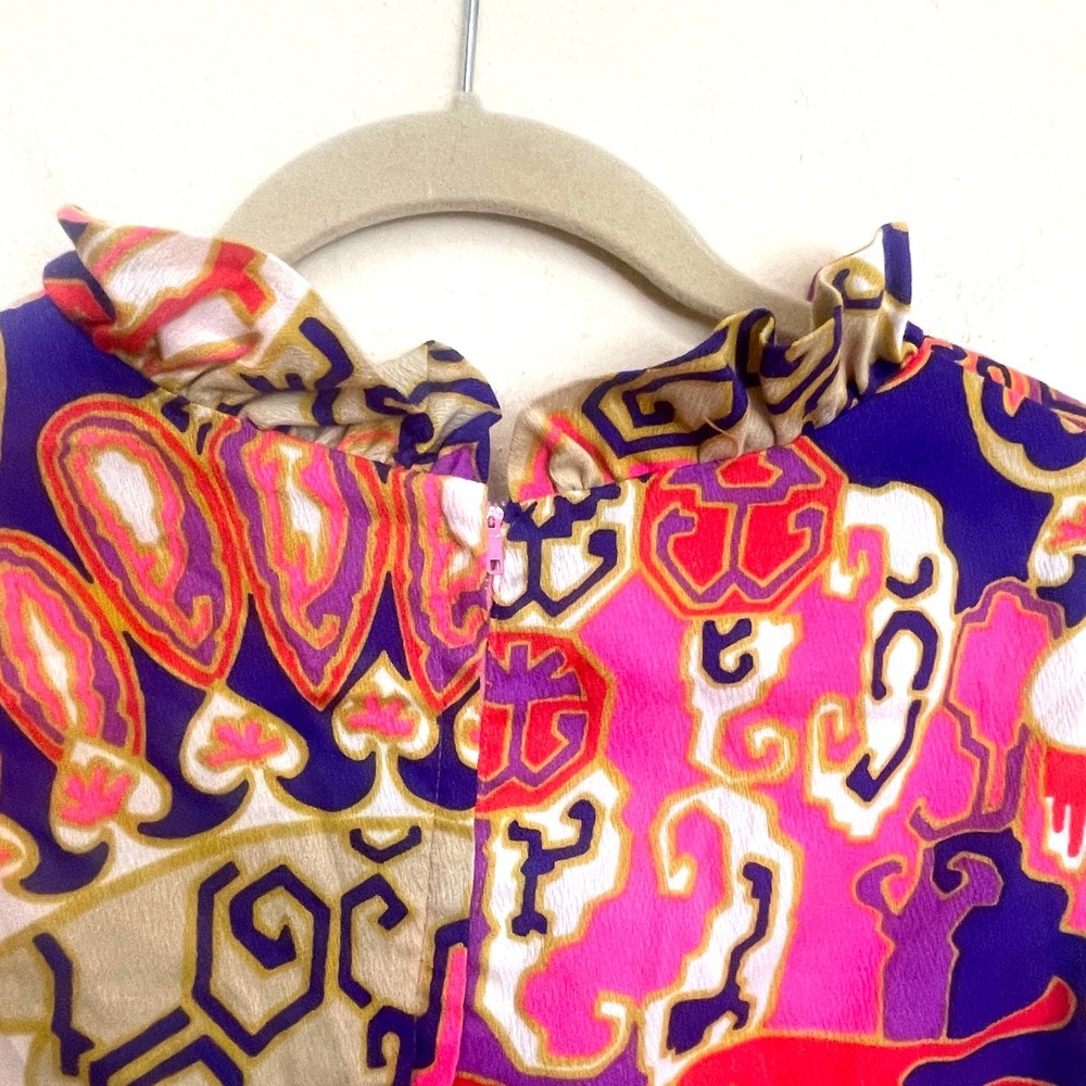 Vintage 60s mini dress Psychedelic Abstract Ruffle Neck Empire Waist Purple Pink - Picture 5 of 13